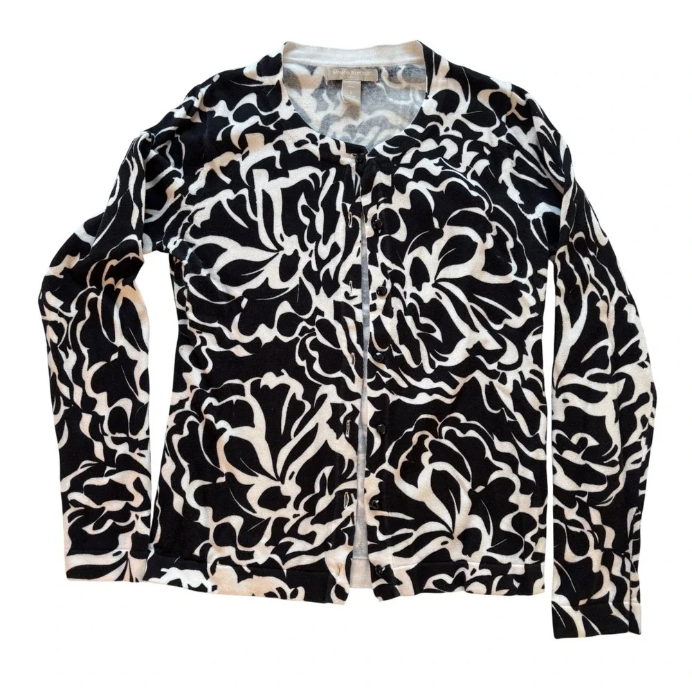Banana Republic Petite Black‎ White Floral Print Button Front Cardigan Sweater S